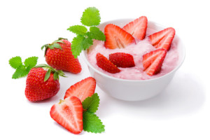 Fresh strawberry with mint leaves.Yogurt with strawberry .